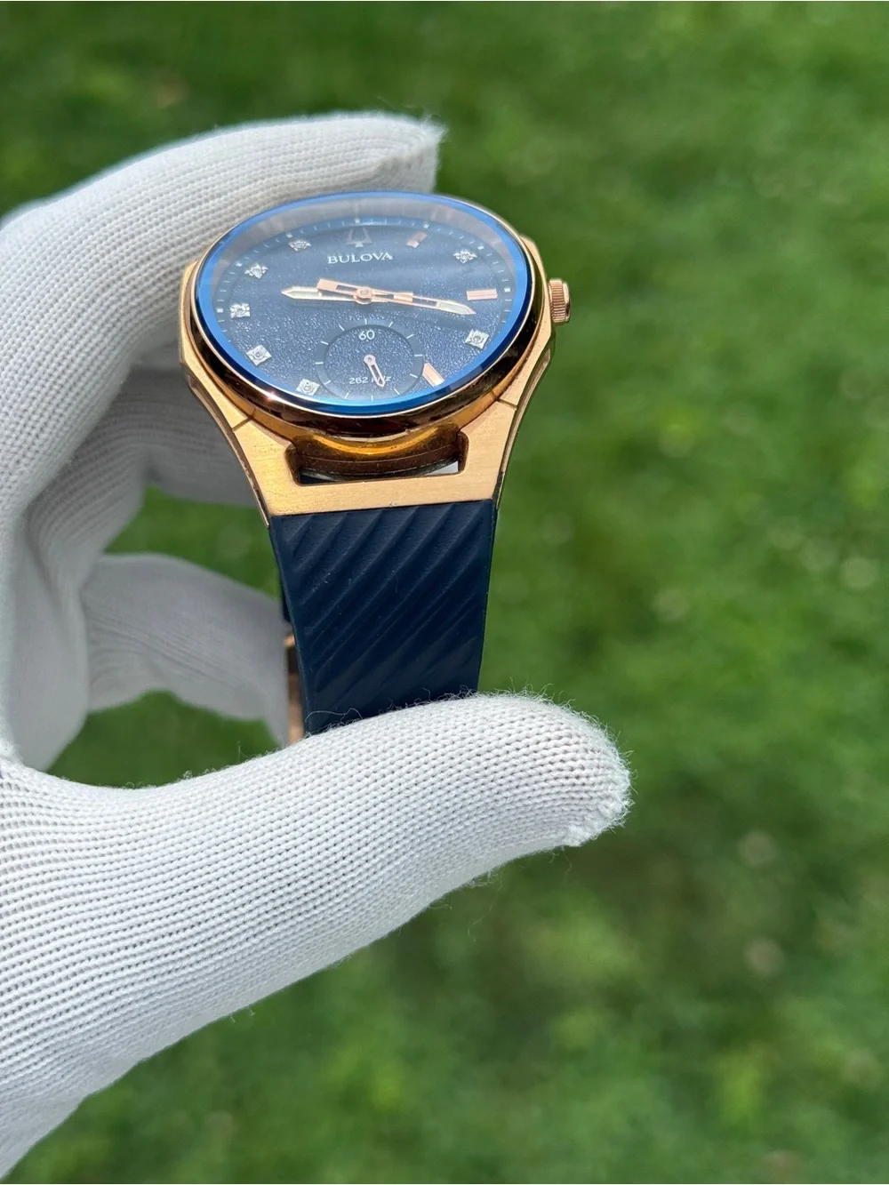 Bulova CURV Marc Anthony Diamond Blue Dial Blue Rubber Strap Watch 40.6mm unisex